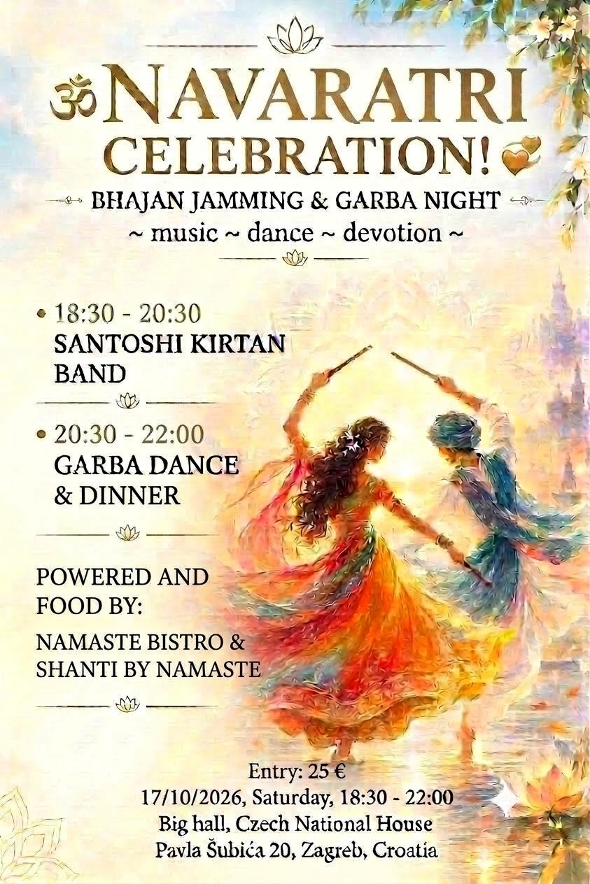 Poster: Navaratri Celebration, bhajan jamming and garba night, 17 October 2026, Santoshi Kirtan Band 18:30 to 20:30, Czech National House, Zagreb